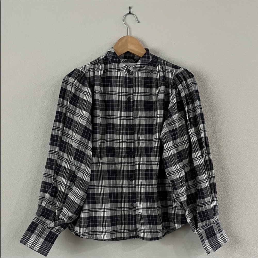 Unsubscribed $280 Plaid Puff Long Sleeves Blouse L NWOT Black White Boho